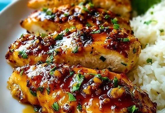 Delicious honey garlic chicken breasts served with vegetables