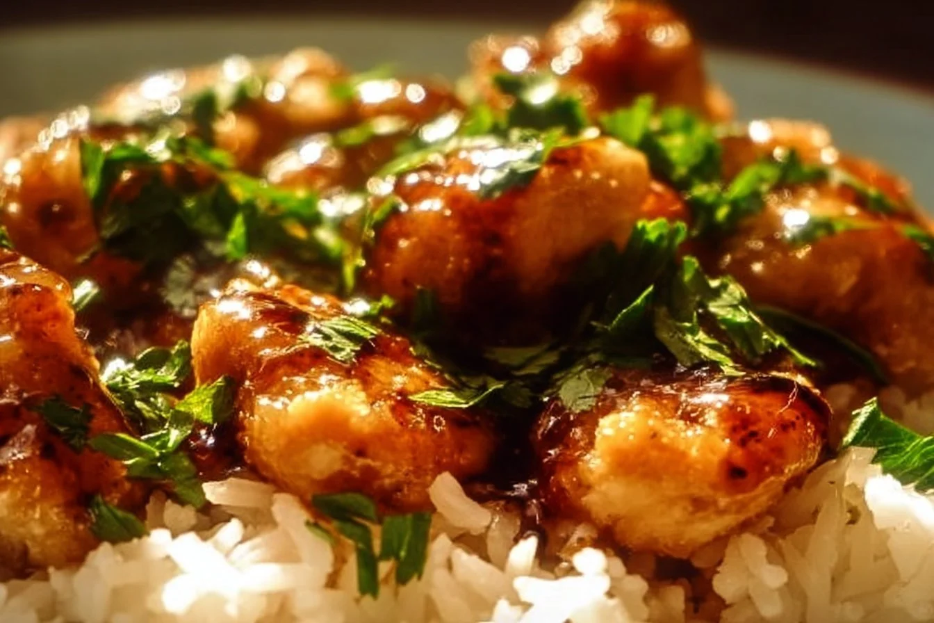 Delicious Honey Garlic Chicken Breasts served on a plate with vegetables.