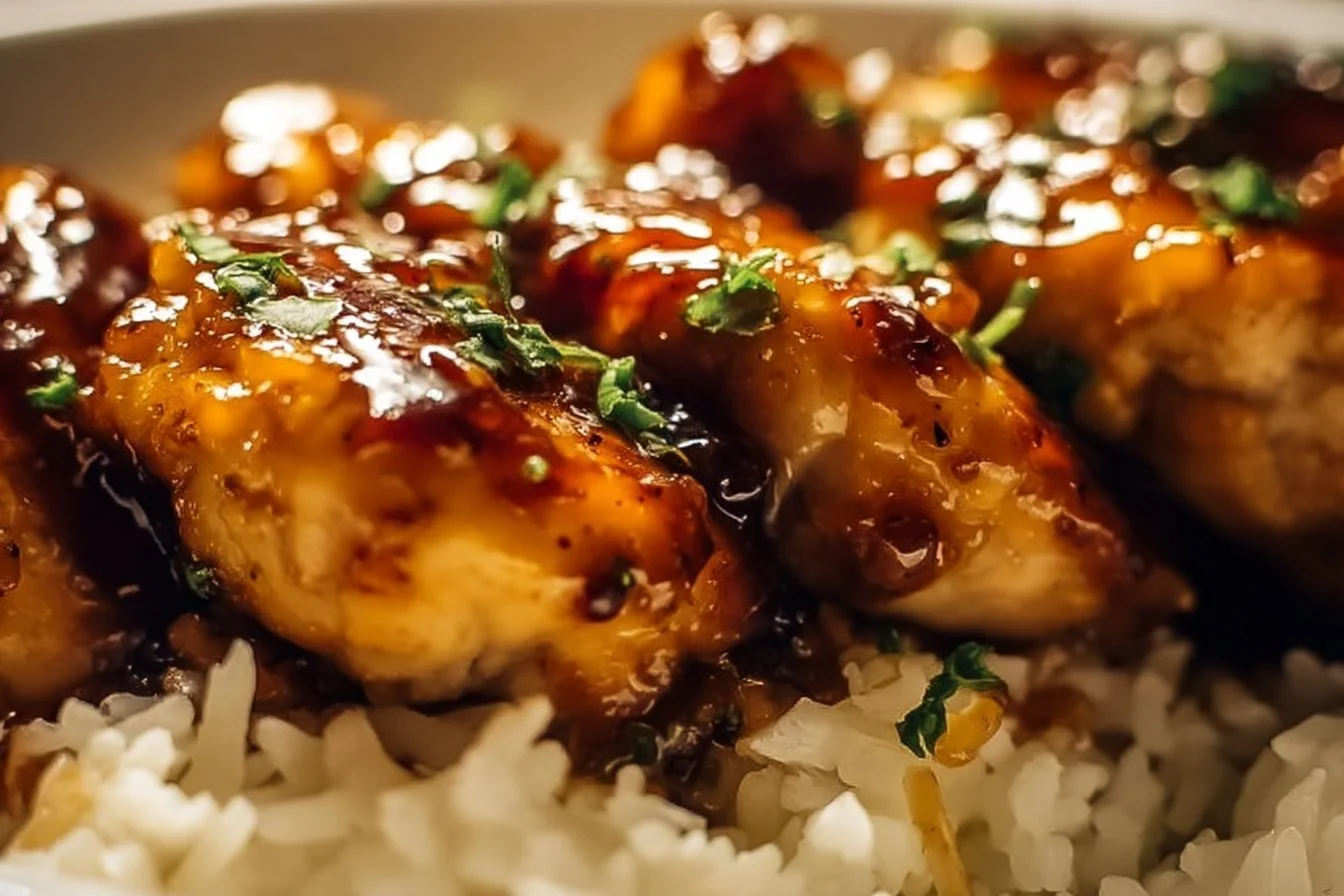 Juicy honey garlic chicken breasts served on a plate with herbs