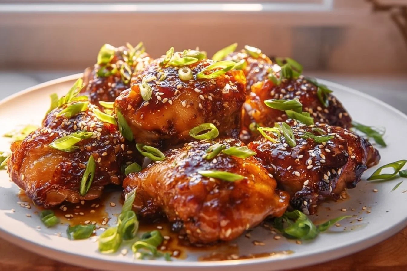 Honey Garlic Chicken Thighs served on a plate with garnish
