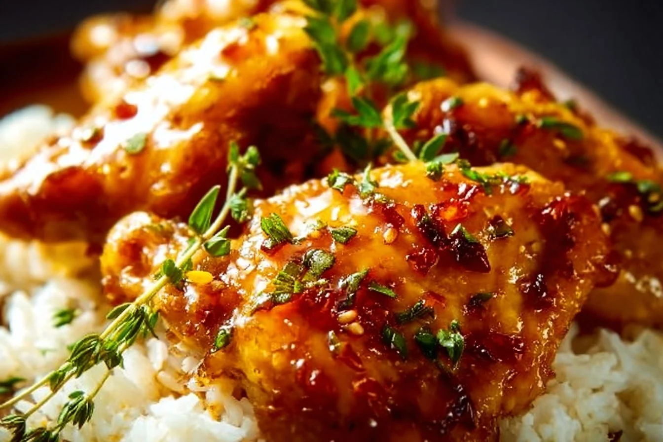 Delicious honey garlic chicken thighs served on a plate with vegetables