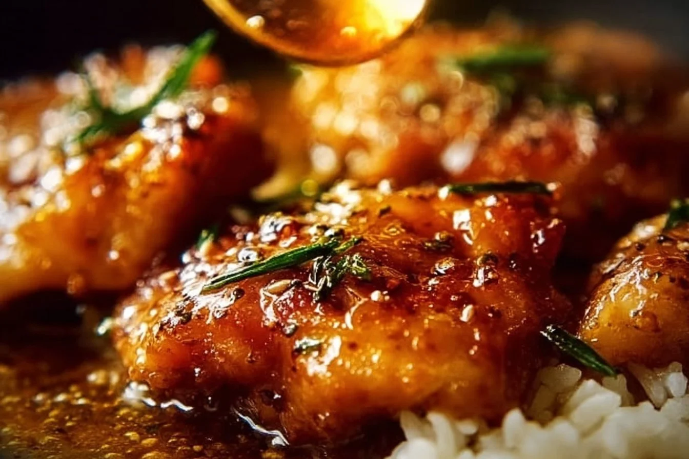Honey Garlic Chicken Thighs Honey Garlic Chicken Juicy Honey Garlic Chicken Thighs served on a plate with garnishes.