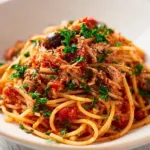 Delicious Italian Pasta Puttanesca with Tuna served in a bowl