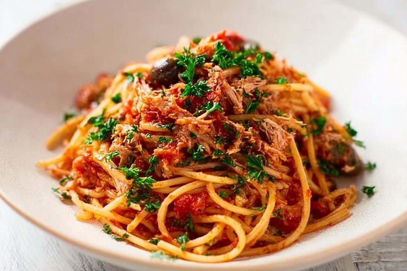 Delicious Italian Pasta Puttanesca with Tuna served in a bowl