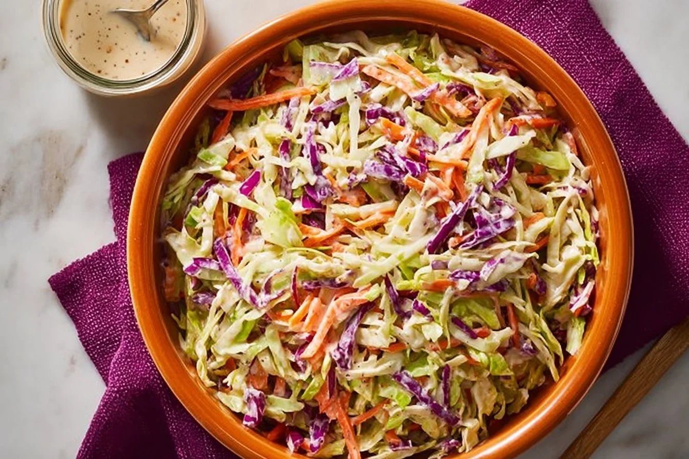 Keto Coleslaw Dressing Keto Coleslaw Bowl of Keto Coleslaw dressed with a creamy low-carb dressing