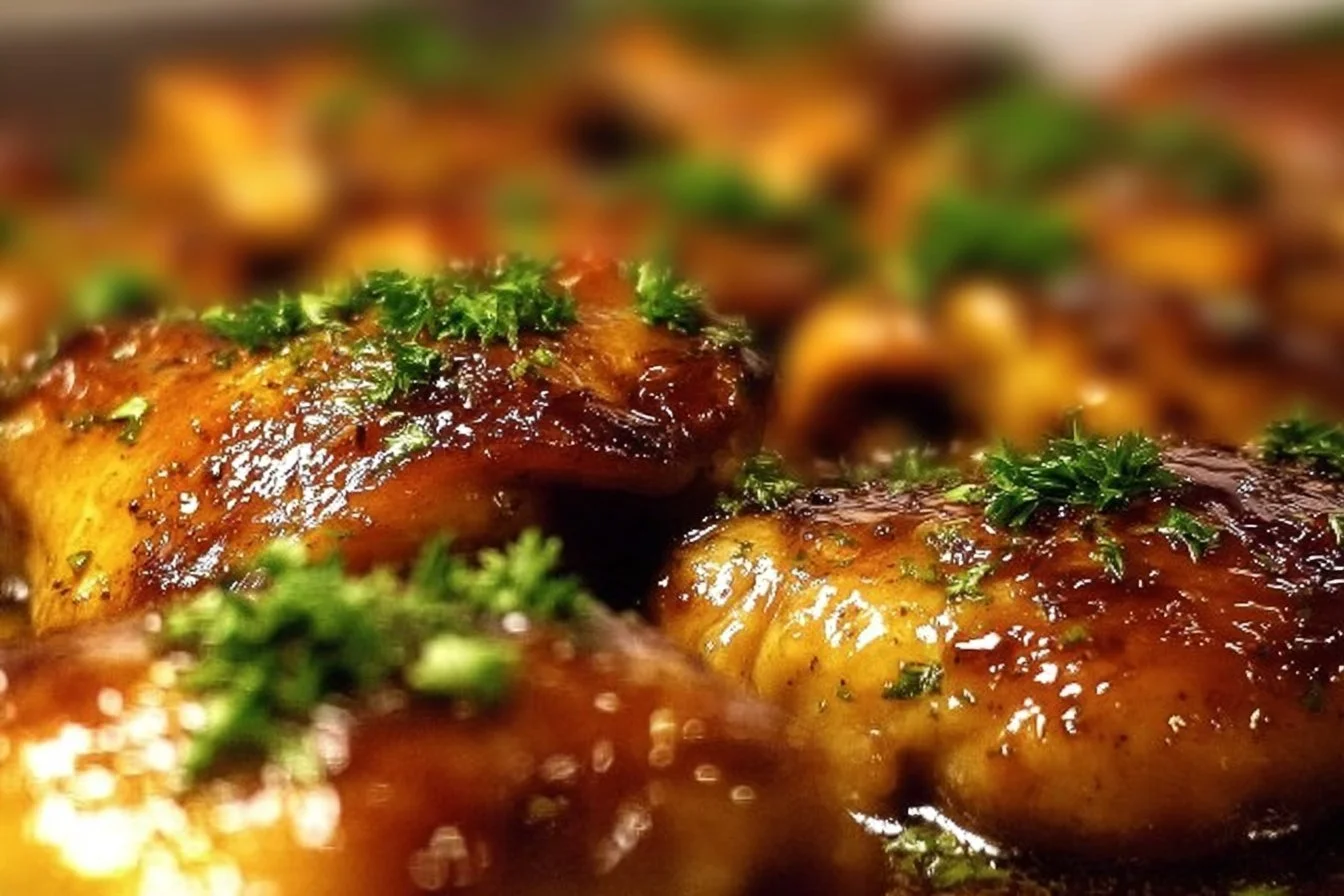 Delicious maple glazed chicken thighs served on a plate with garnish
