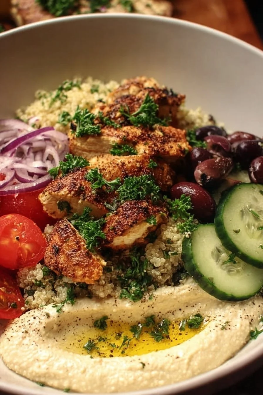 Delicious Mediterranean Chicken Bowl with fresh vegetables and herbs.
