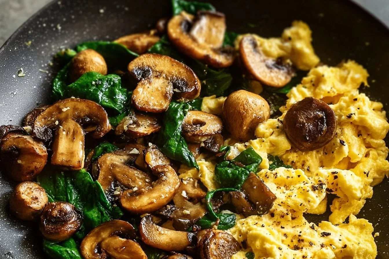 Mushroom Spinach Scrambled Eggs in a skillet garnished with herbs