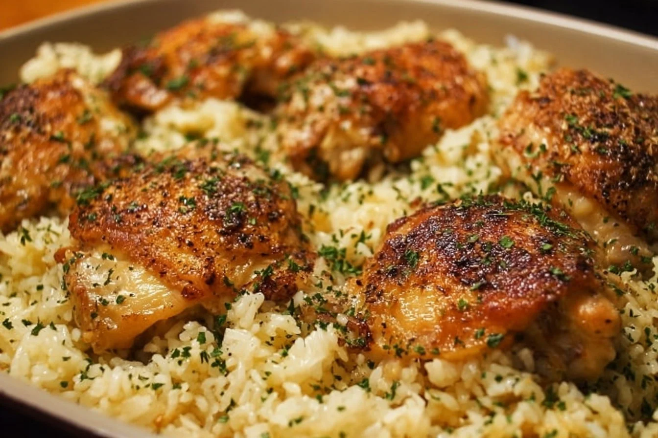 Oven-Baked Chicken and Rice oven-baked chicken Delicious oven-baked chicken served with rice on a plate.