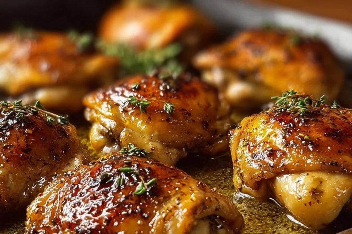 Oven-baked chicken thighs with herbs and spices on a serving plate