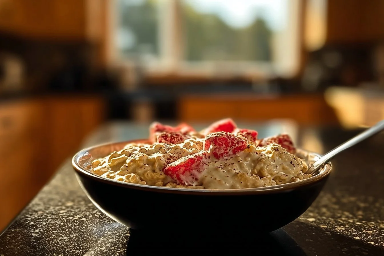 Delicious overnight oats topped with scrambled eggs, perfect for a healthy breakfast.