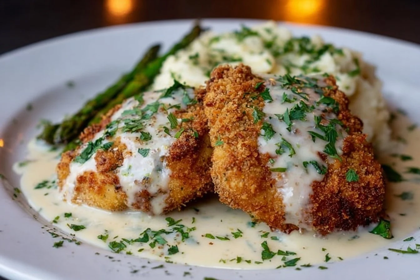 Parmesan Crusted Chicken served with creamy garlic sauce on a plate.