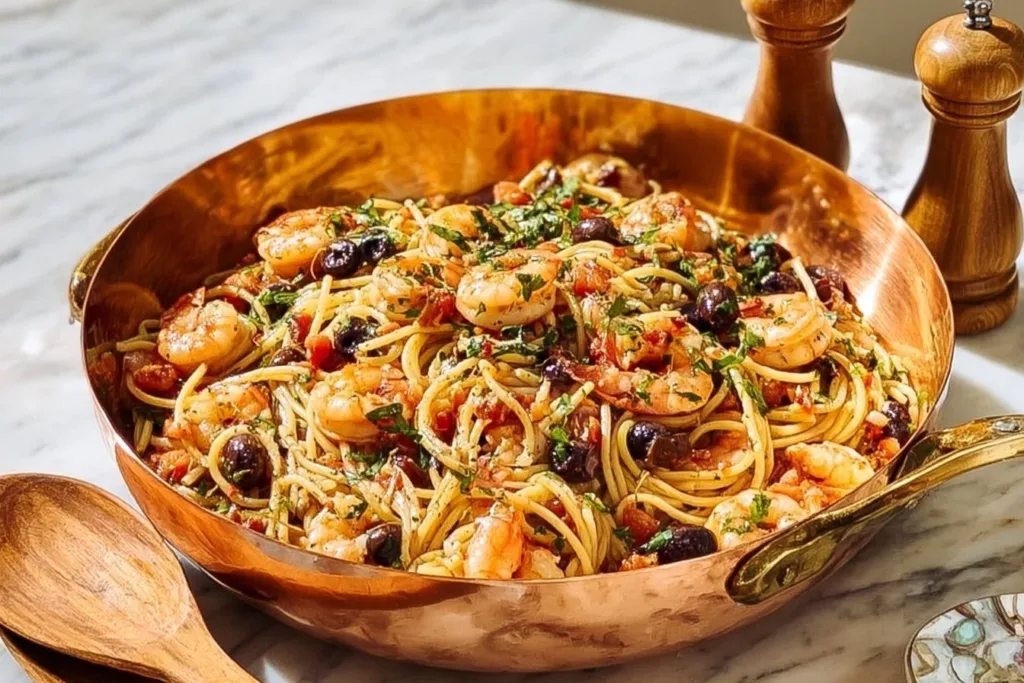 Pasta Puttanesca with shrimp, garnished with parsley and chili flakes