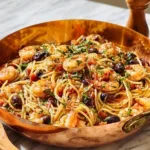 Pasta Puttanesca with shrimp, garnished with parsley and chili flakes