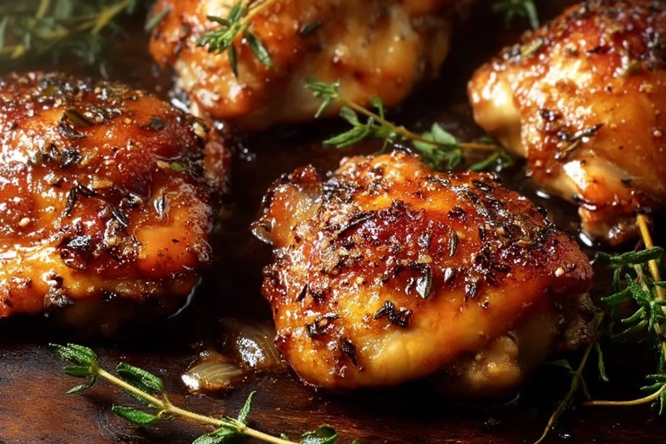 Perfect Oven-Roasted Chicken Thighs oven-roasted chicken thighs Juicy oven-roasted chicken thighs served with vegetables on a plate