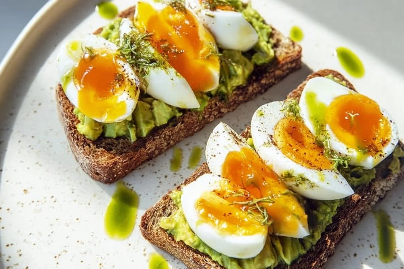 Pesto Avocado Toast with Eggs pesto avocado toast Pesto avocado toast topped with eggs, showcasing vibrant colors and fresh ingredients.
