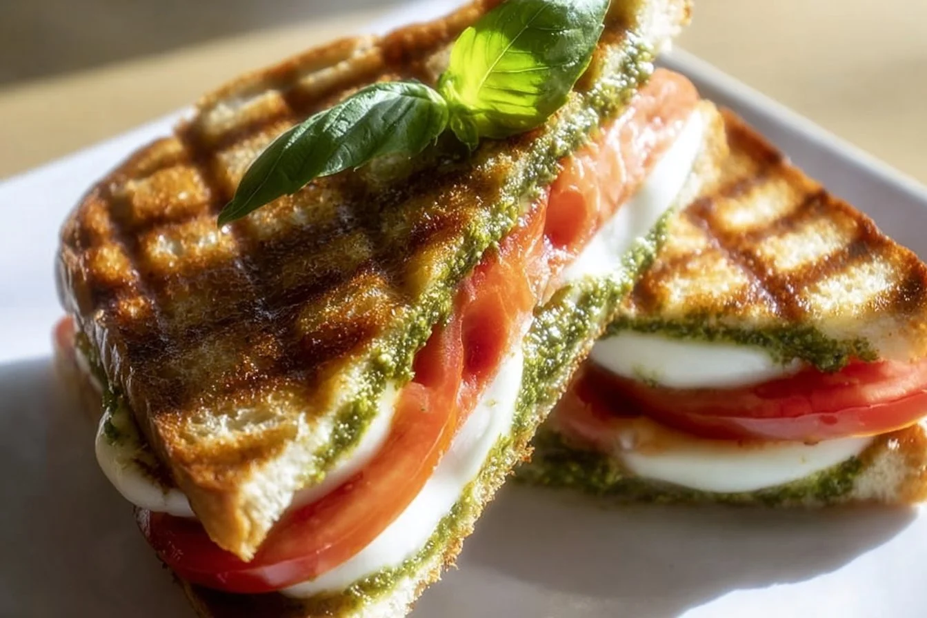 Pesto grilled cheese sandwich with melted cheese and fresh pesto on toasted bread
