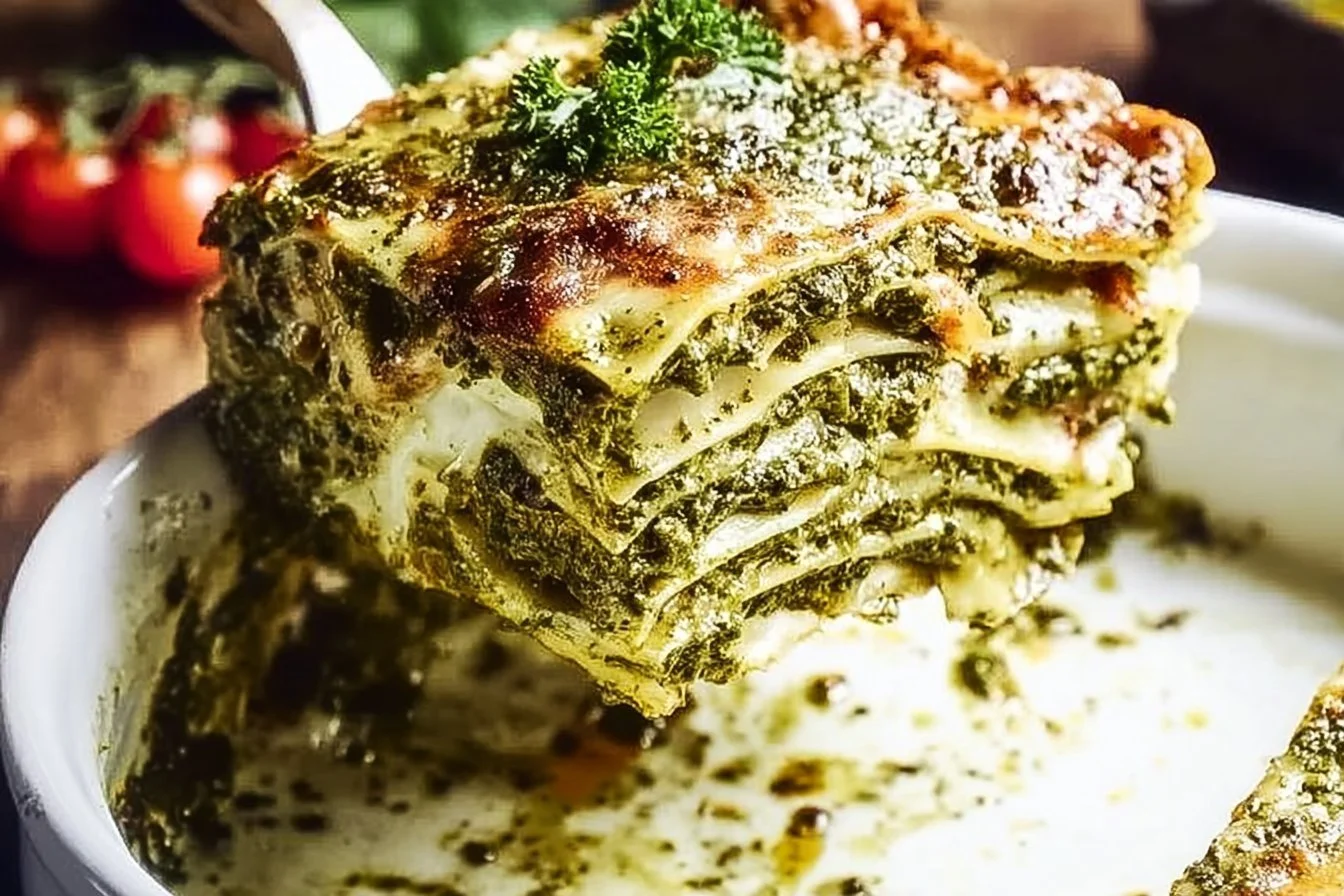 Delicious pesto lasagna layered with fresh ingredients and vibrant colors.