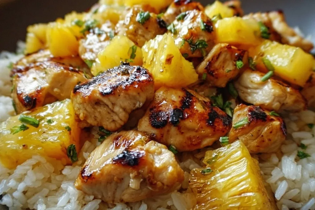 Delicious Pineapple Chicken and Rice served on a plate with fresh herbs.