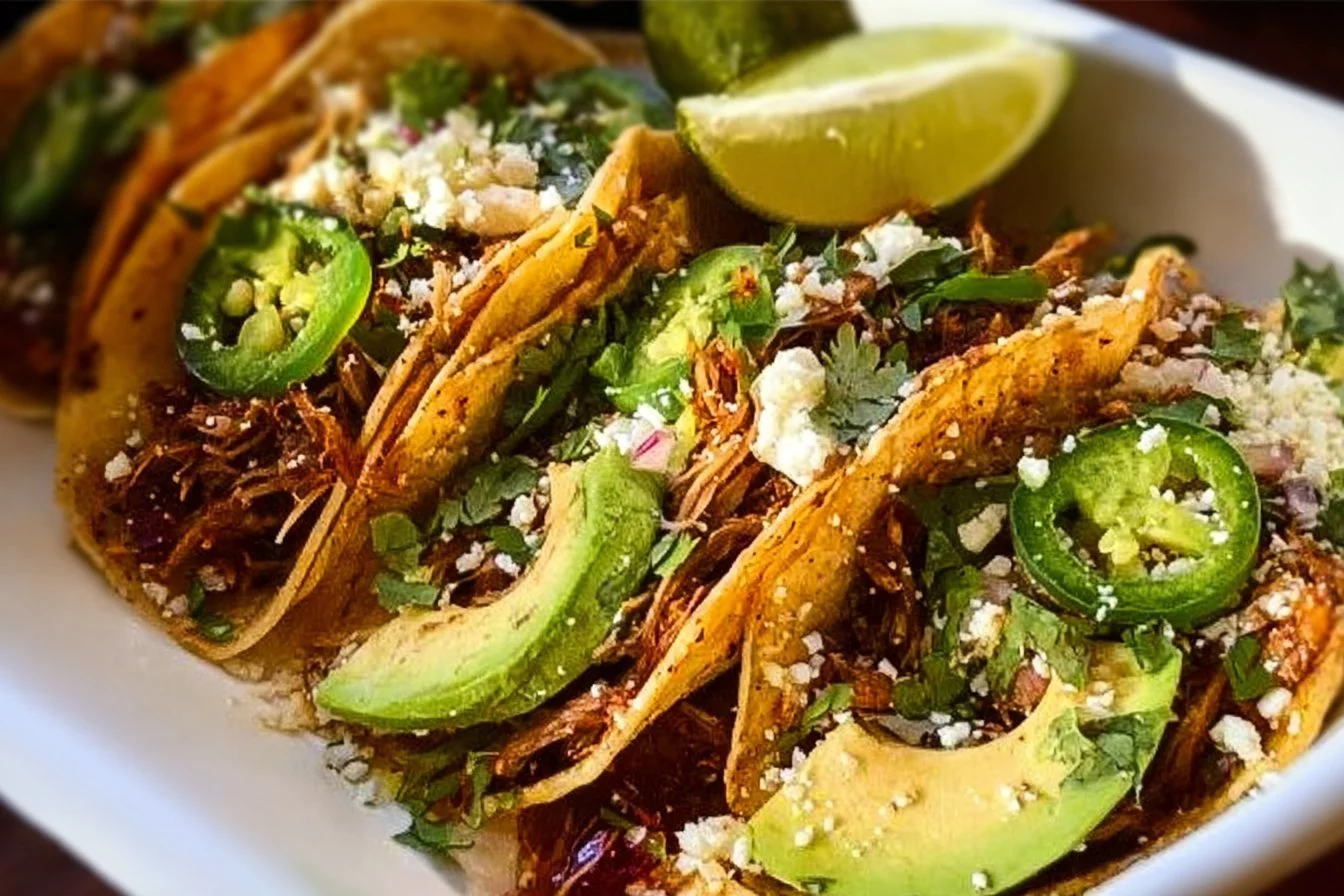 Delicious pulled pork carnitas street tacos served with fresh toppings.