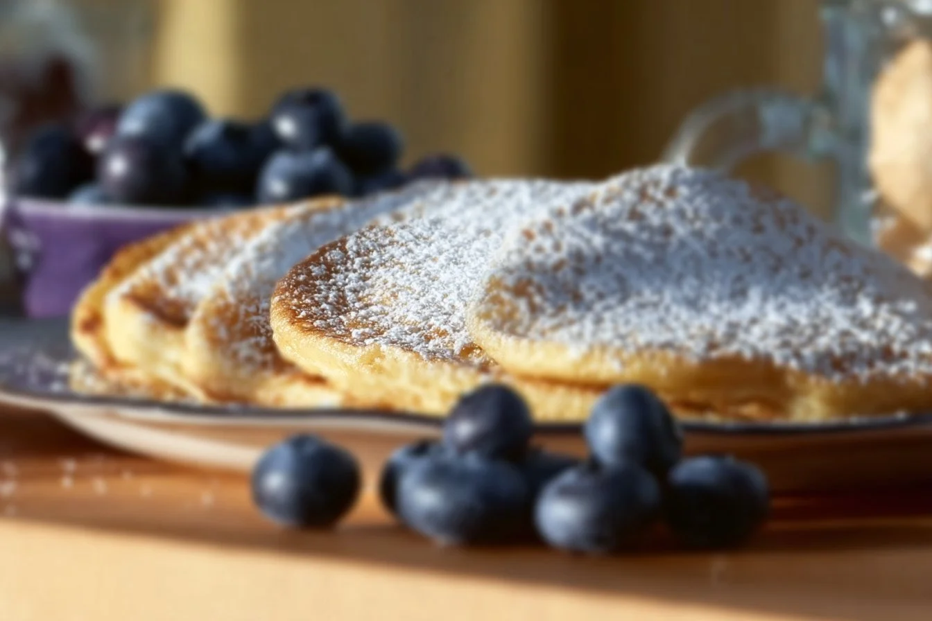 Homemade quark-cakes with oatmeal on a plate, garnished with fruit.