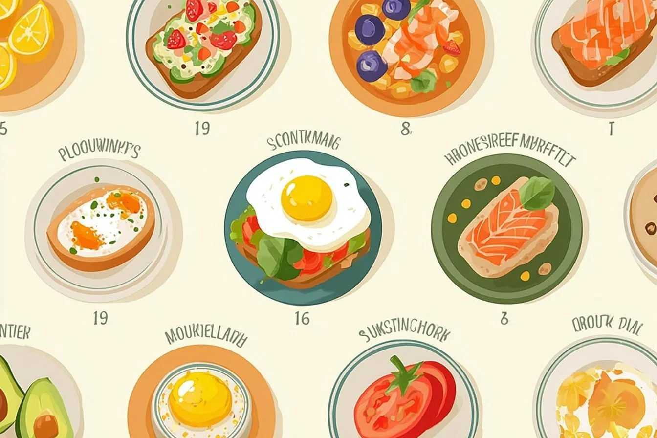 Quick and Healthy Mediterranean Breakfast Mediterranean breakfast Plate of quick and healthy Mediterranean breakfast with fresh vegetables and eggs.