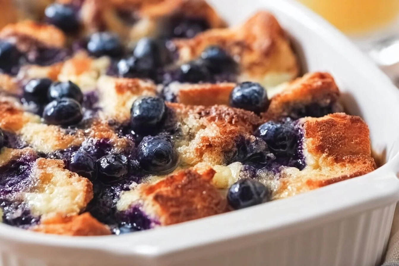 Delicious blueberry french toast casserole ready to serve with fresh blueberries on top