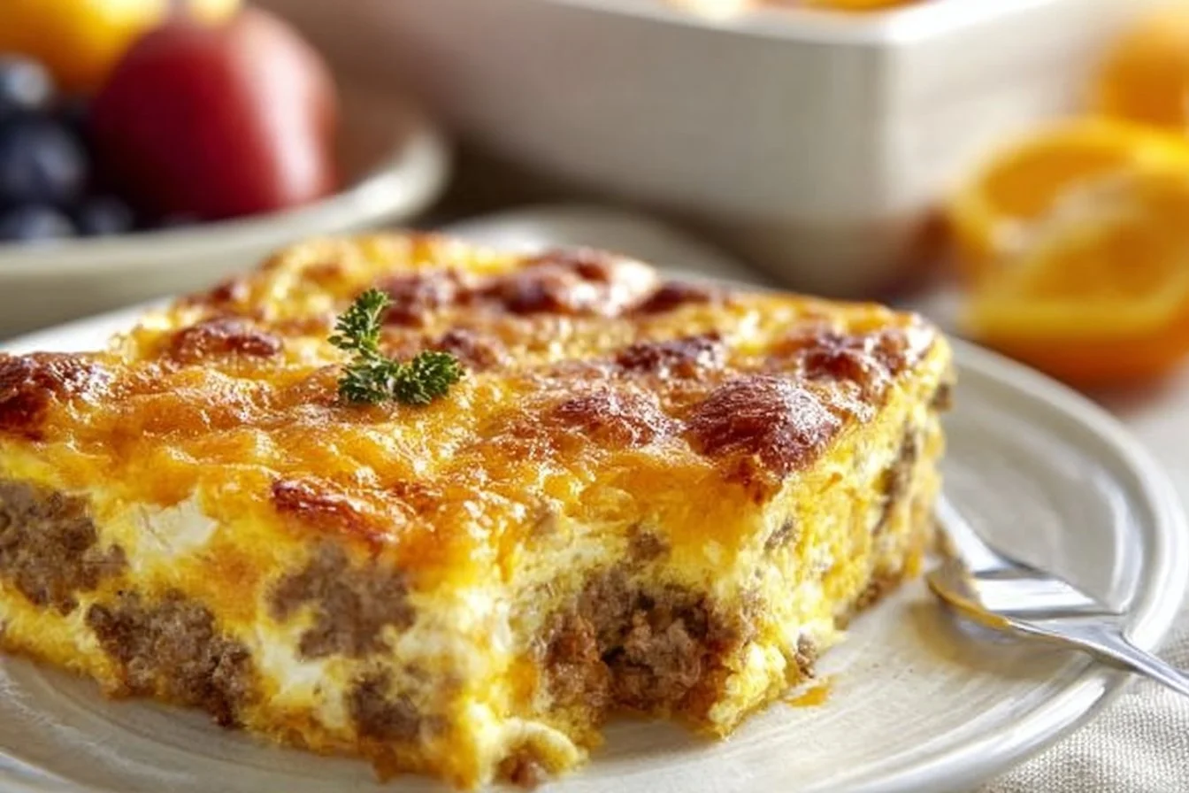 Delicious quick overnight sausage and egg casserole served in a baking dish