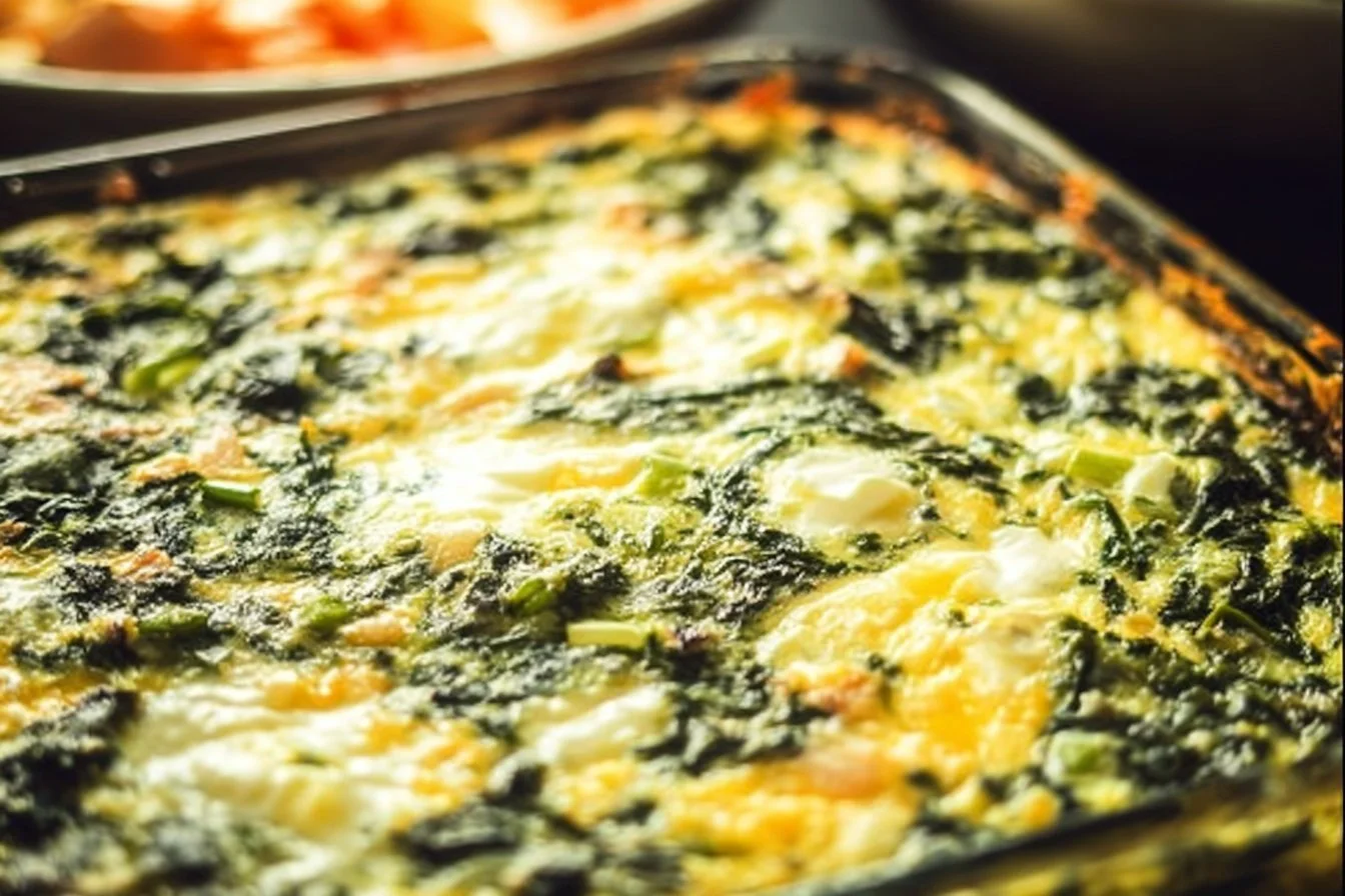 Quick spinach egg casserole fresh out of the oven served in a dish
