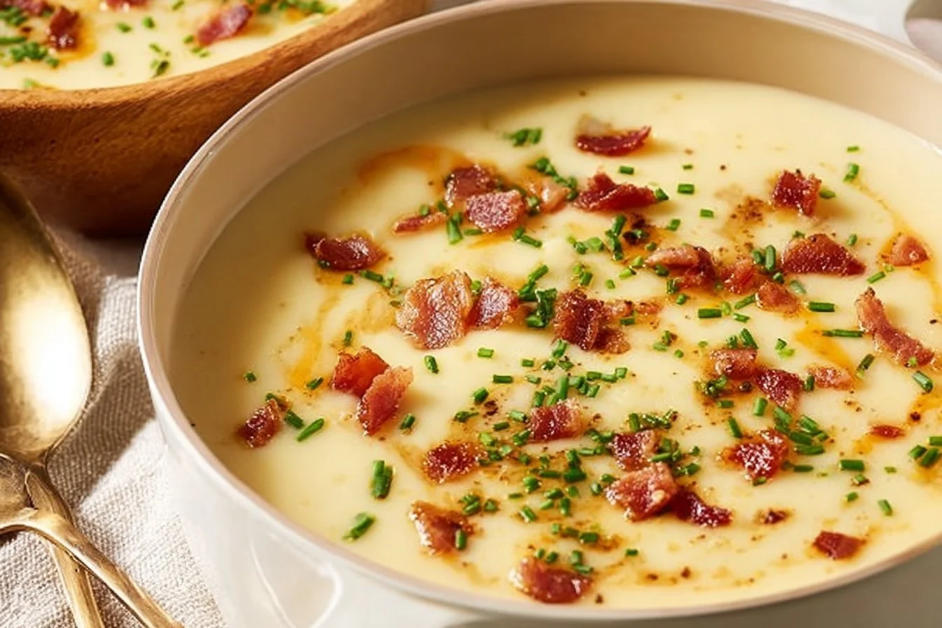 Delicious rich baked potato soup topped with cheese and chives