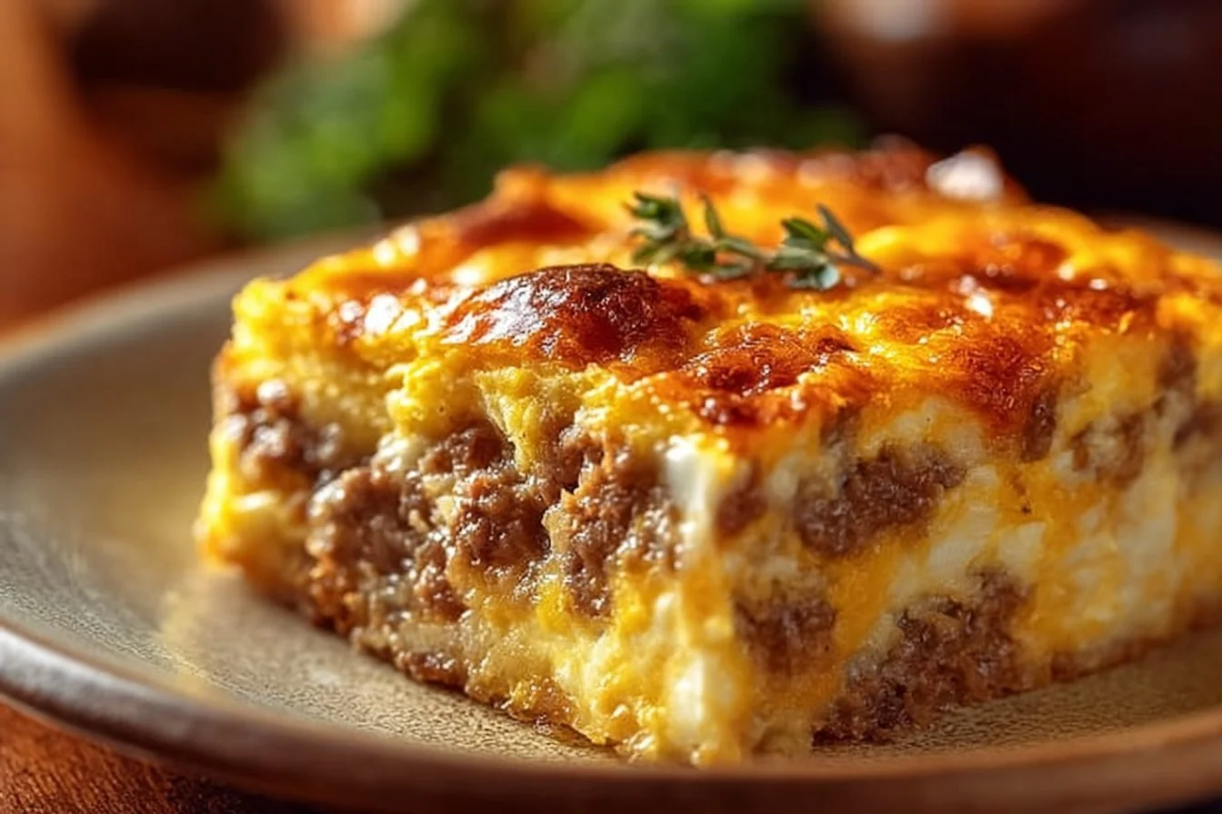 Sausage and Egg Casserole baked with cheese and herbs