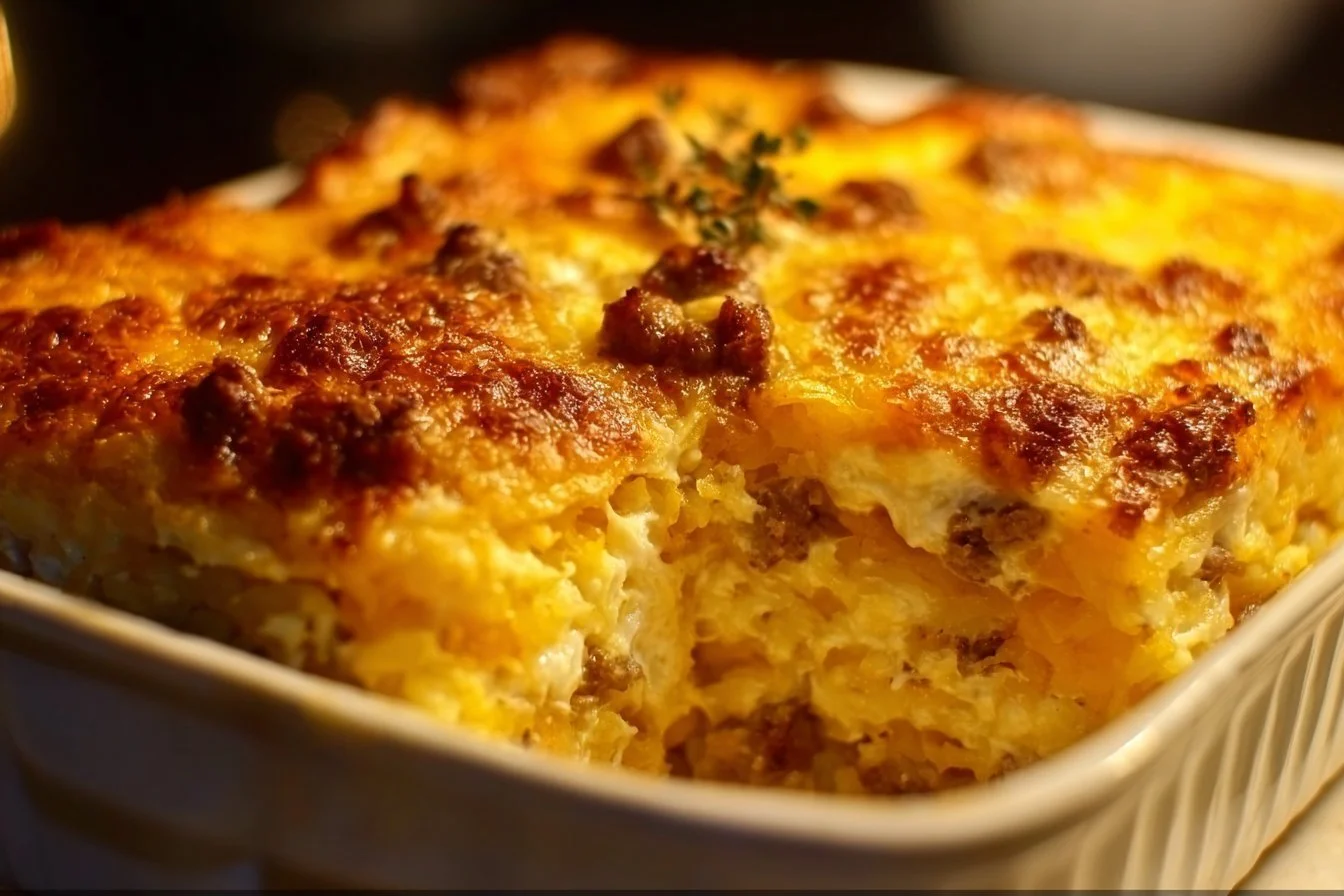 Sausage Egg and Cream Cheese Hashbrown Casserole served in a dish