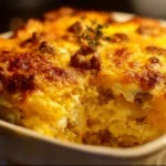 Sausage egg and cream cheese hashbrown casserole baked to golden perfection.