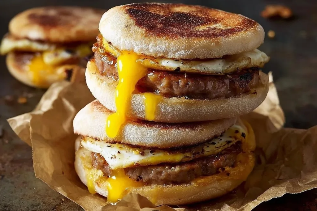 Sausage Egg Cheese McMuffin sandwich on a plate with breakfast ingredients.