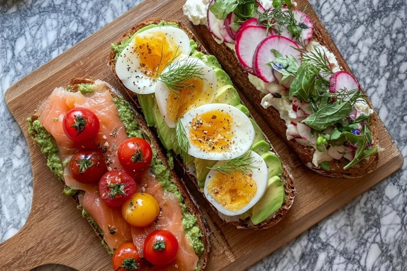 Plate of savory breakfast ideas including omelettes and avocado toast