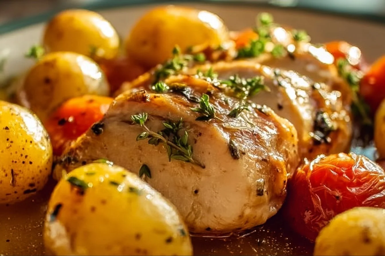 Savory crockpot chicken surrounded by fresh vegetables in a slow cooker.