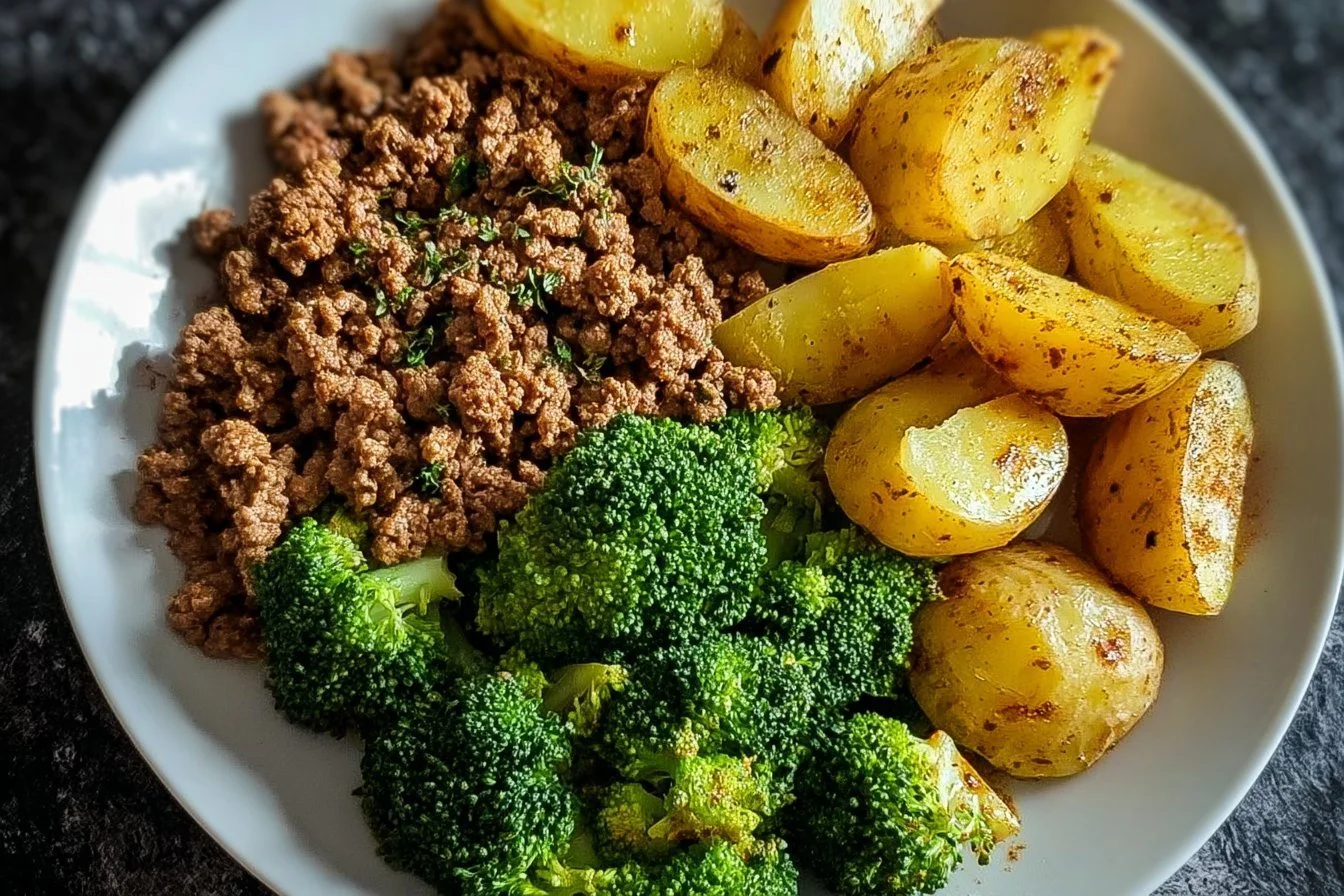 Plate of savory ground beef with herb-roasted potatoes and steamed broccoli