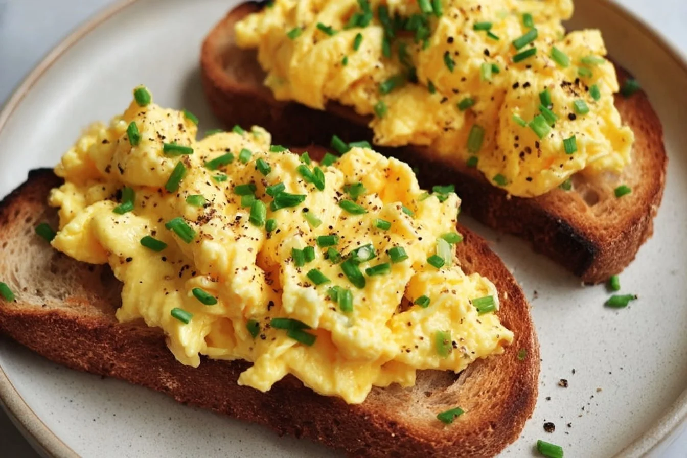Scrambled Egg Toast scrambled egg Plate of scrambled egg toast topped with herbs and spices