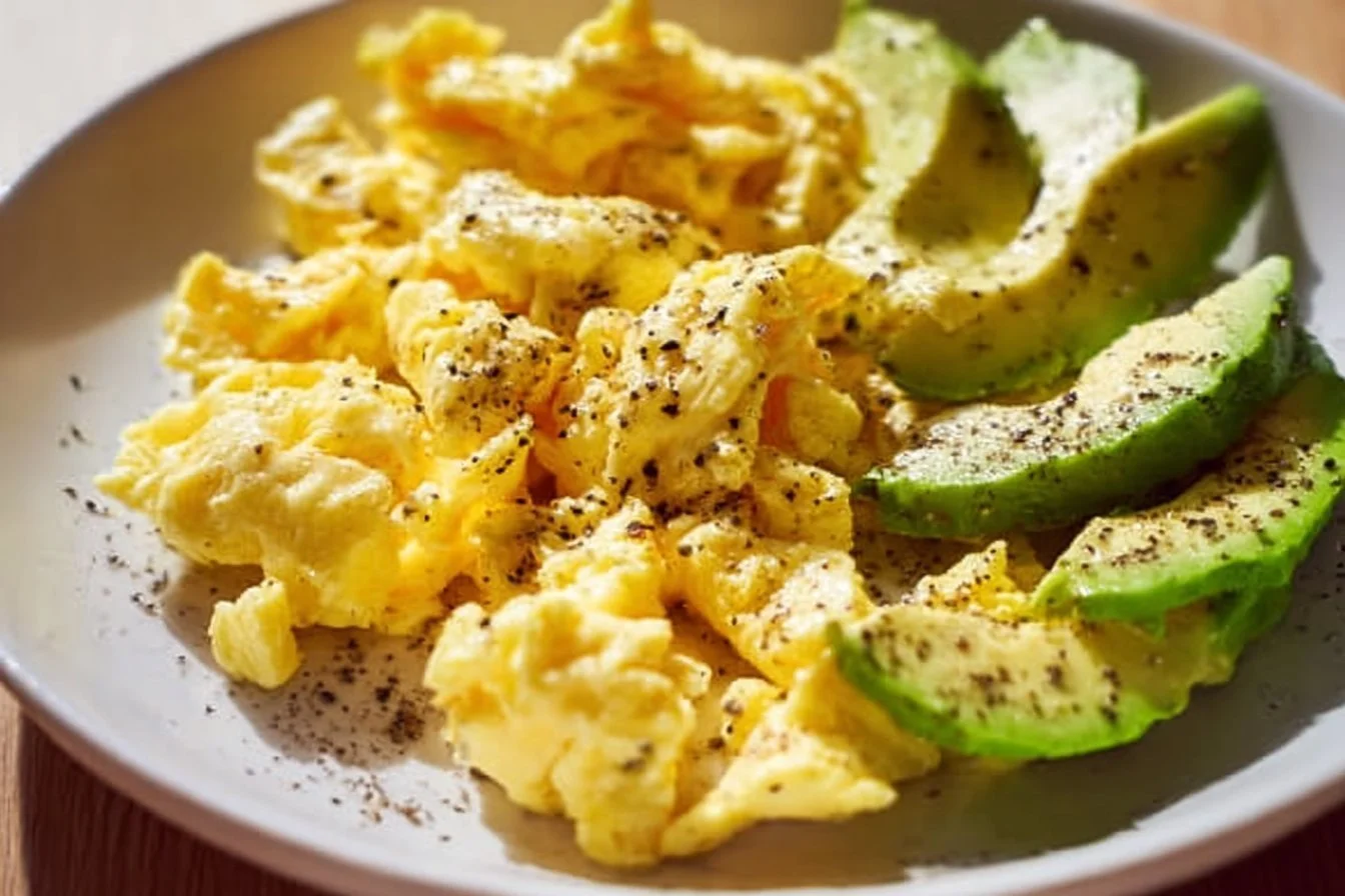 Delicious scrambled eggs with avocado served on a plate