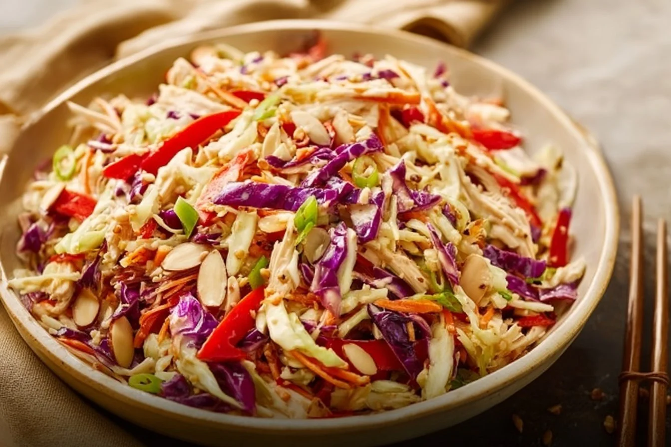 Sesame Chicken Coleslaw Salad with Ginger Dressing in a bowl
