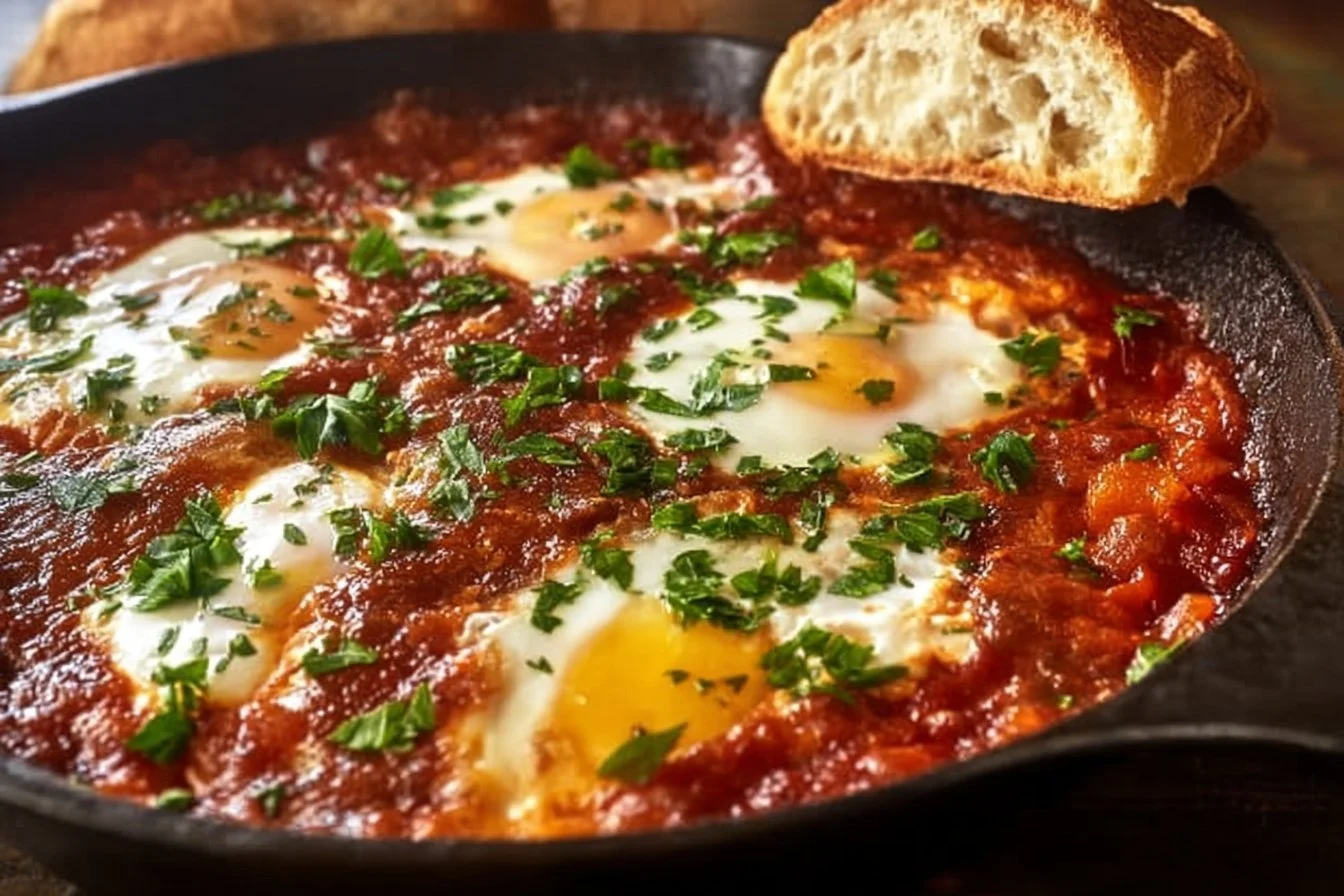 Delicious shakshuka served in a skillet for two, featuring eggs and spices.