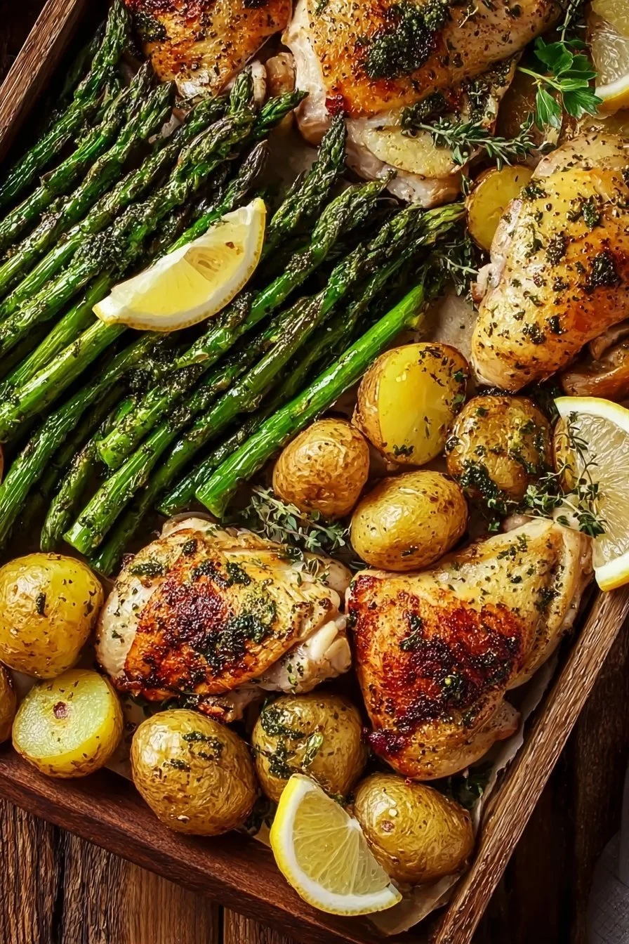 Sheet pan garlic butter chicken with assorted veggies on a table