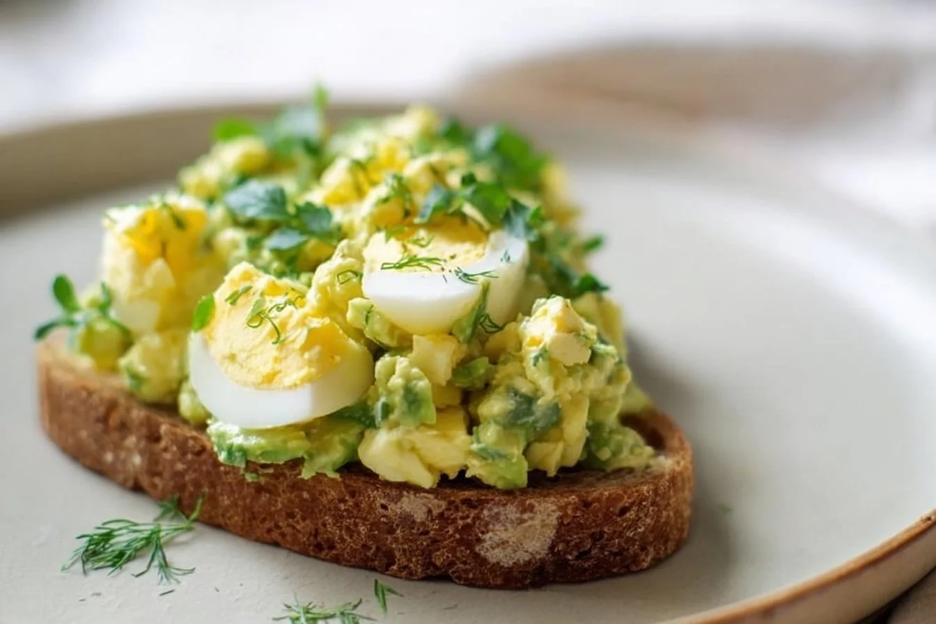 Simple and zesty Mediterranean avocado egg salad on a plate with herbs