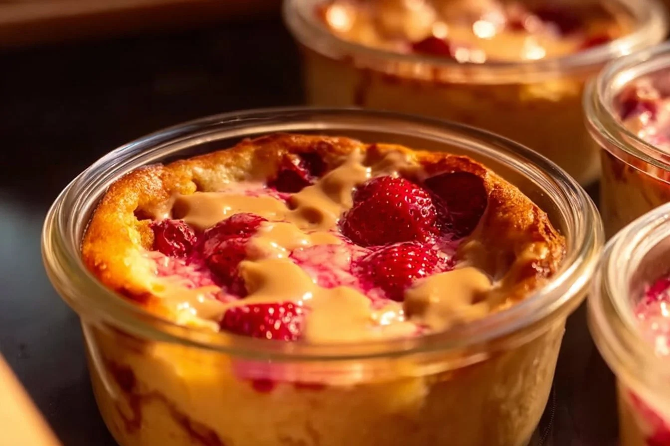 Single serving fluffy baked protein pancake bowls topped with fresh fruits.