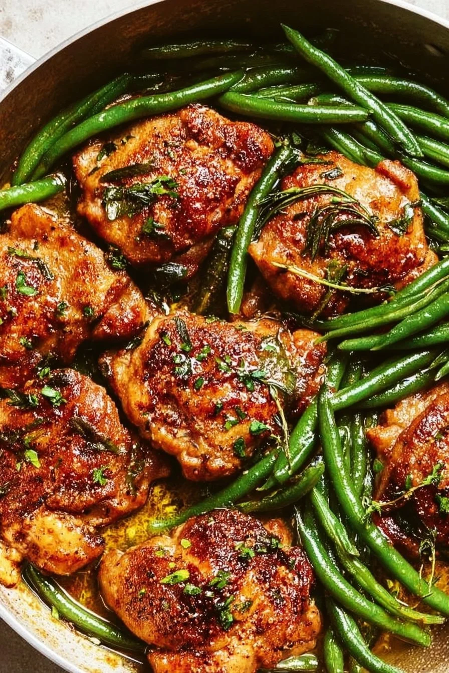 Skillet garlic butter chicken served with fresh green beans in a pan