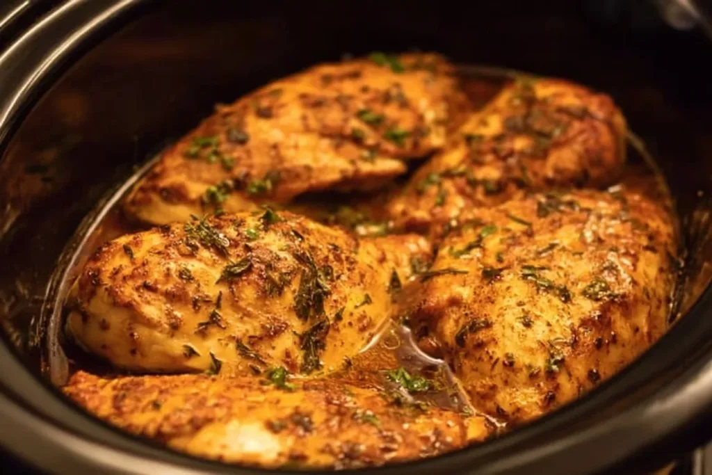 Tender slow cooker chicken breasts ready to serve with herbs and spices