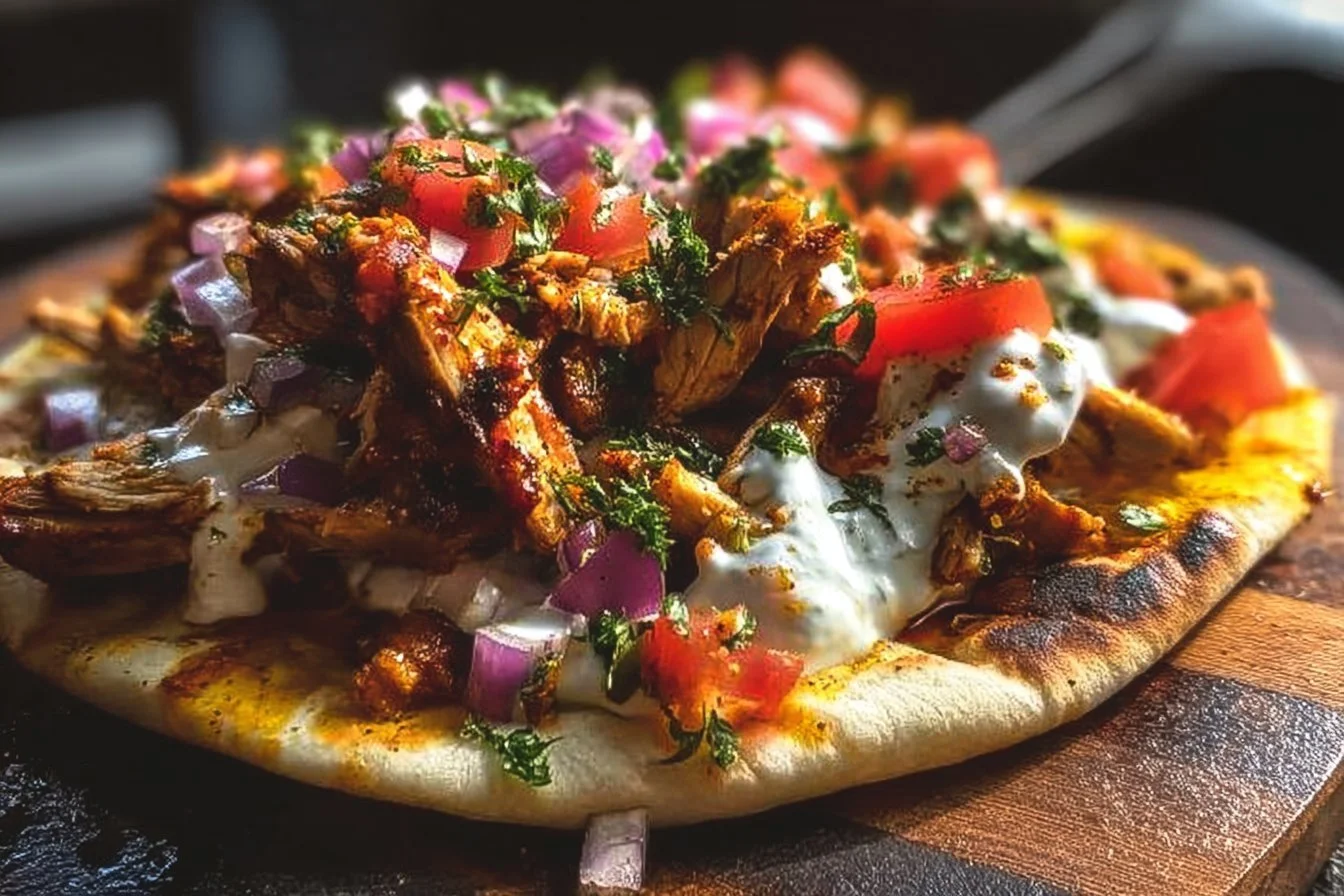 Slow Cooker Chicken Shawarma served with fresh vegetables and sauce