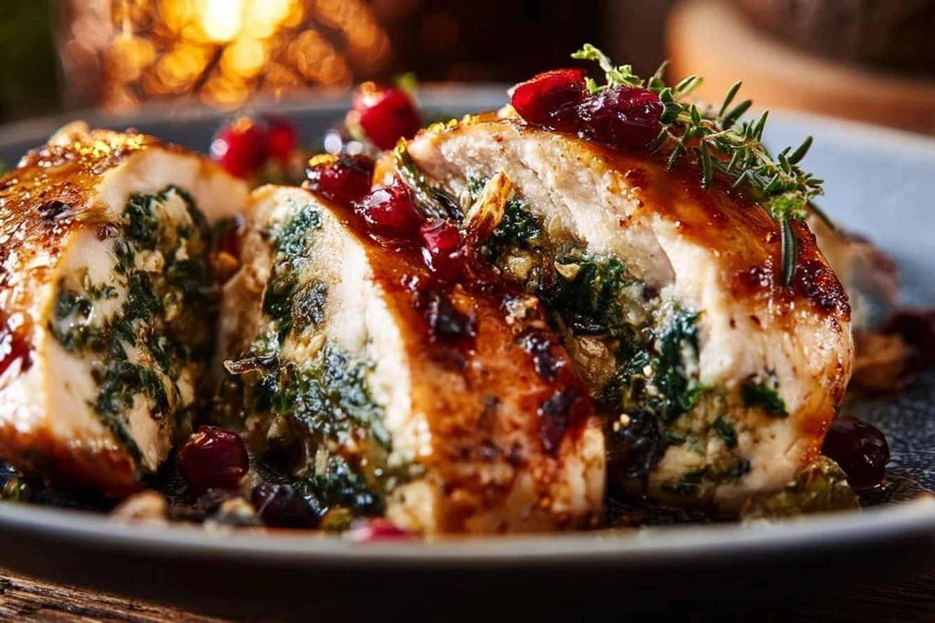Spinach and cranberry stuffed chicken breasts served on a plate