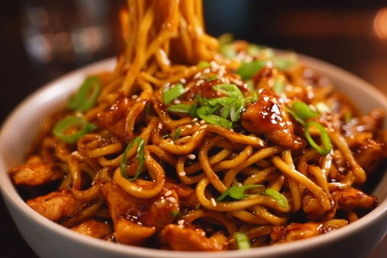 Sticky Garlic Chicken Noodles with vibrant vegetables and garnishments