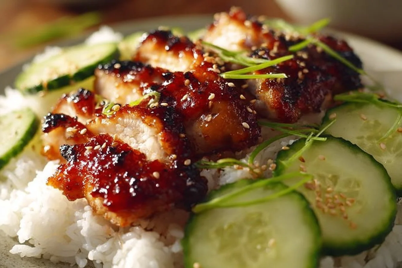 Delicious Sticky Honey Gochujang Chicken garnished with green onions and sesame seeds